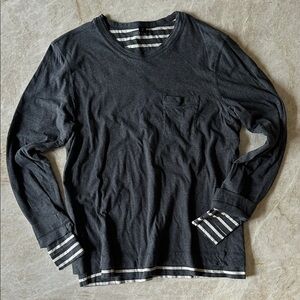 Hugo BOSS Mens Reversible Gray & Stripe Long Sleeve Mens Tee - Size XL